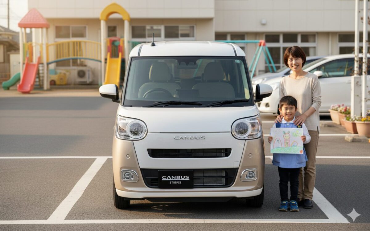 ムーブキャンバスの脇に立つ母親と幼稚園児の男の子