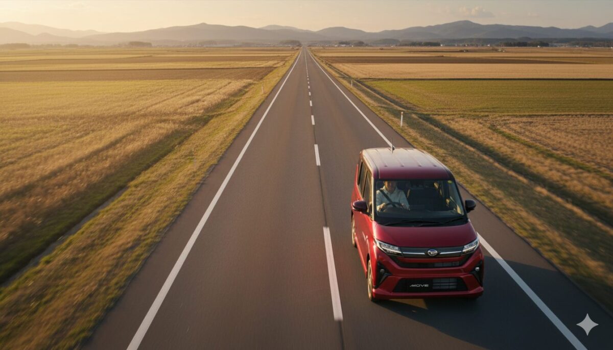 田舎の一本道を走る赤のムーブ