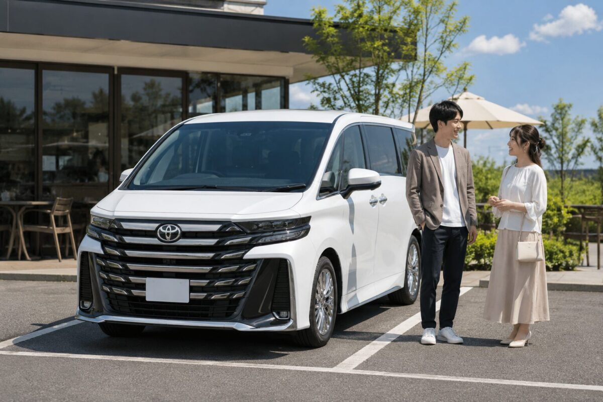 カフェの駐車場に停めたヴェルファイアとデートに来た若い男女
