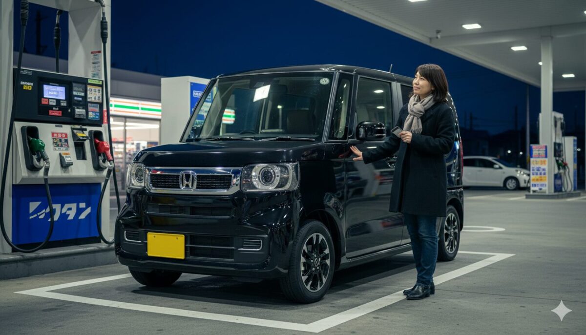 黒のN-BOXをガソリンスタンドに停めた女性
