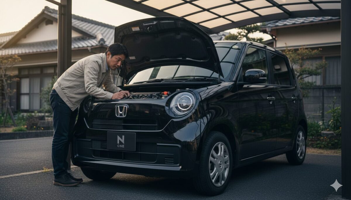 車庫でN-ONEのボンネットを開けて点検する男性