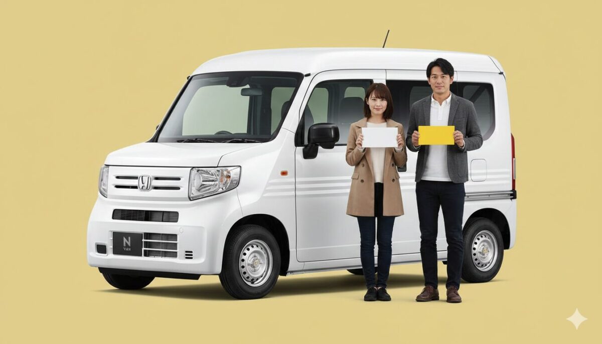 N-VANの前で白ナンバーを持つ女性と黄色ナンバーを持つ男性