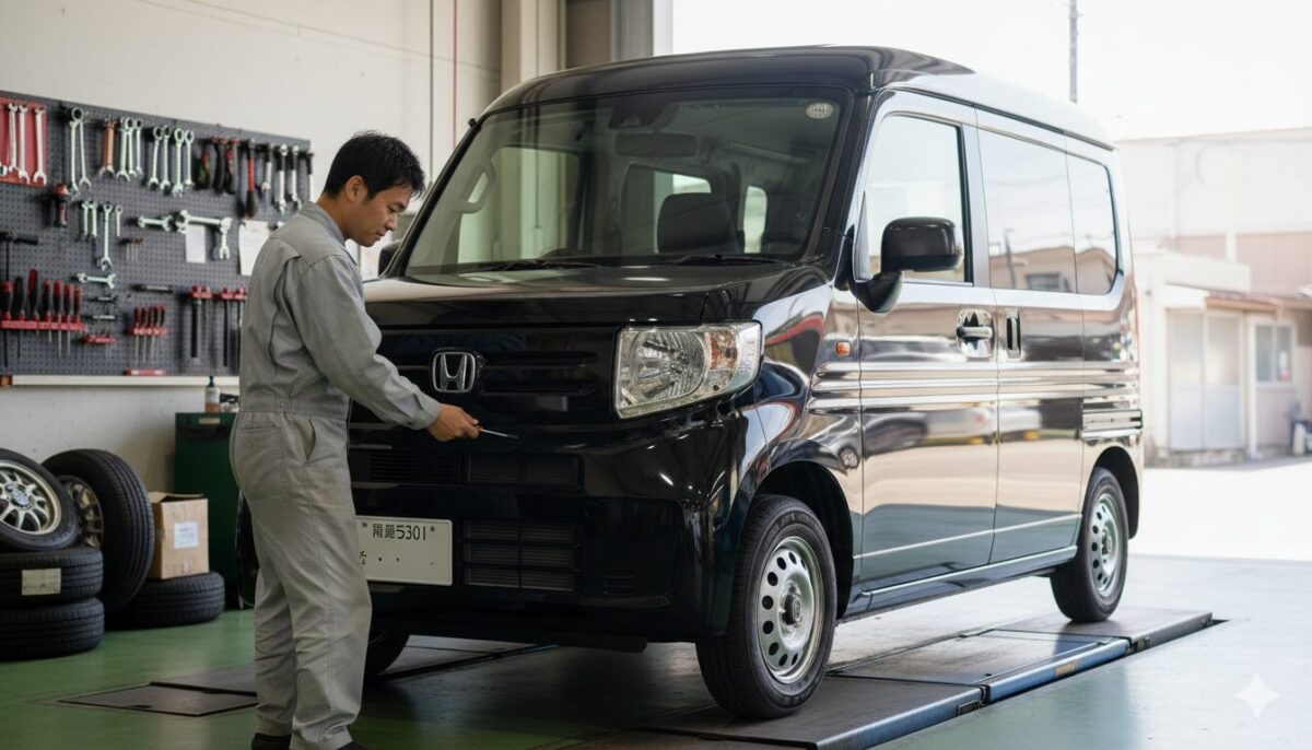 工場でN-VANに白ナンバーを付ける整備士の男性