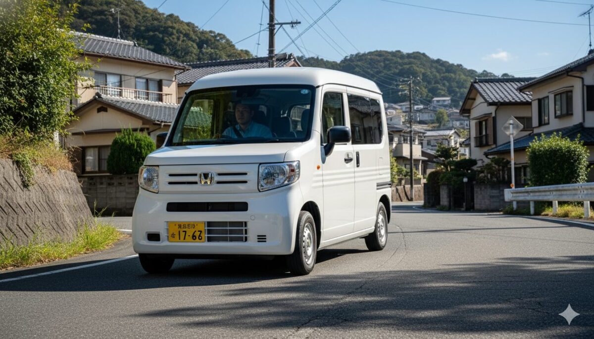 坂が多い住宅街を走る白のN-VAN