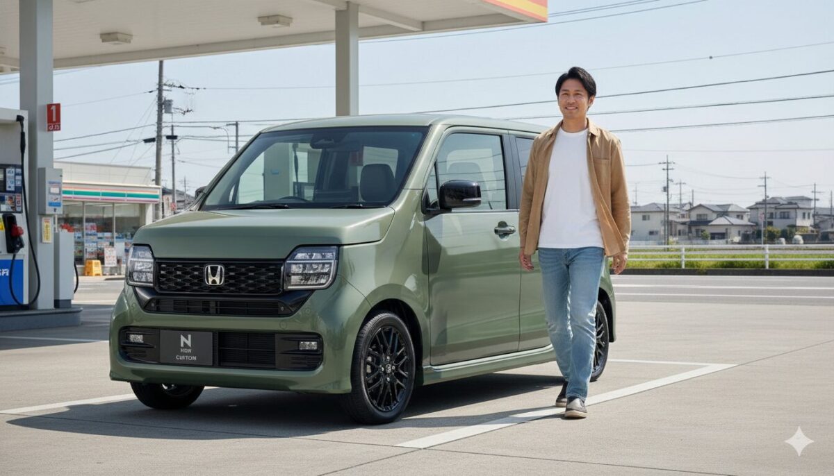 ガソリンスタンドにN-WGNを停めて降りた男性