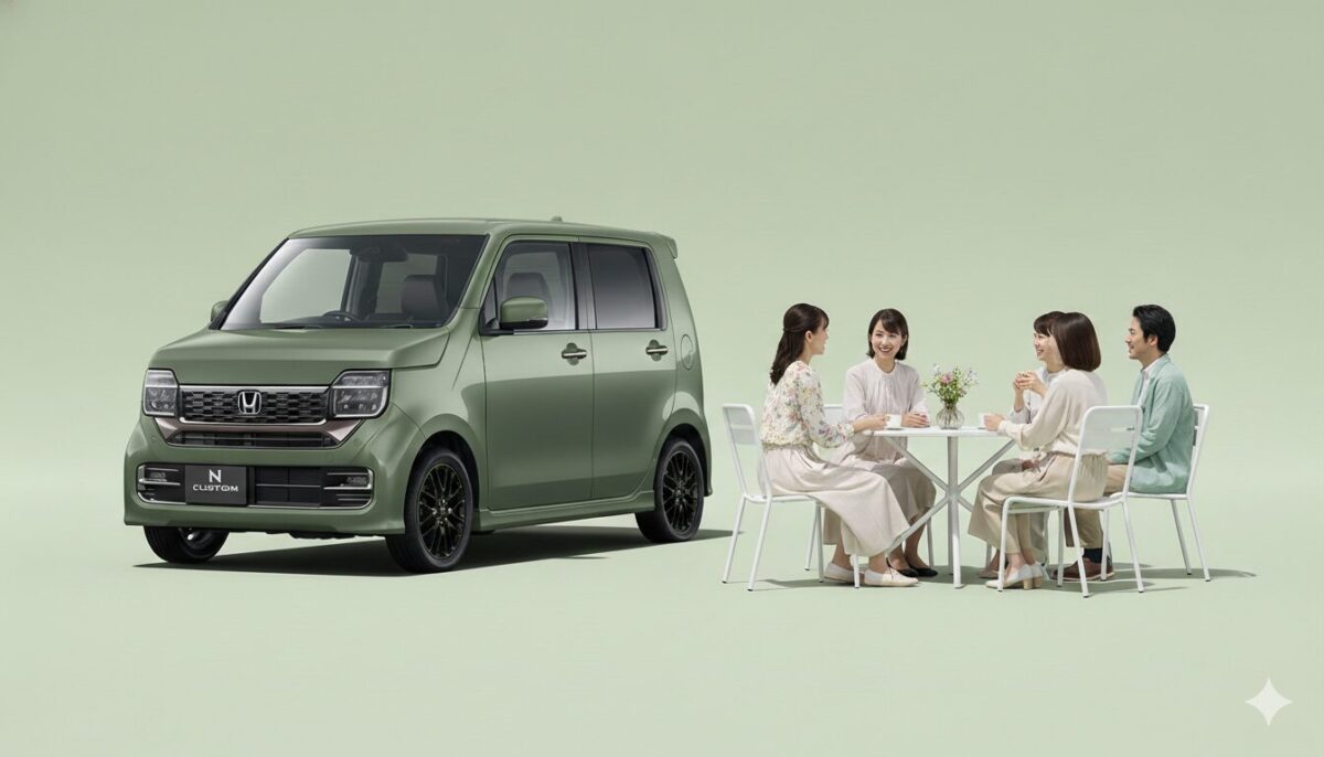 グリーンのN-WGNのそばで談笑する男女