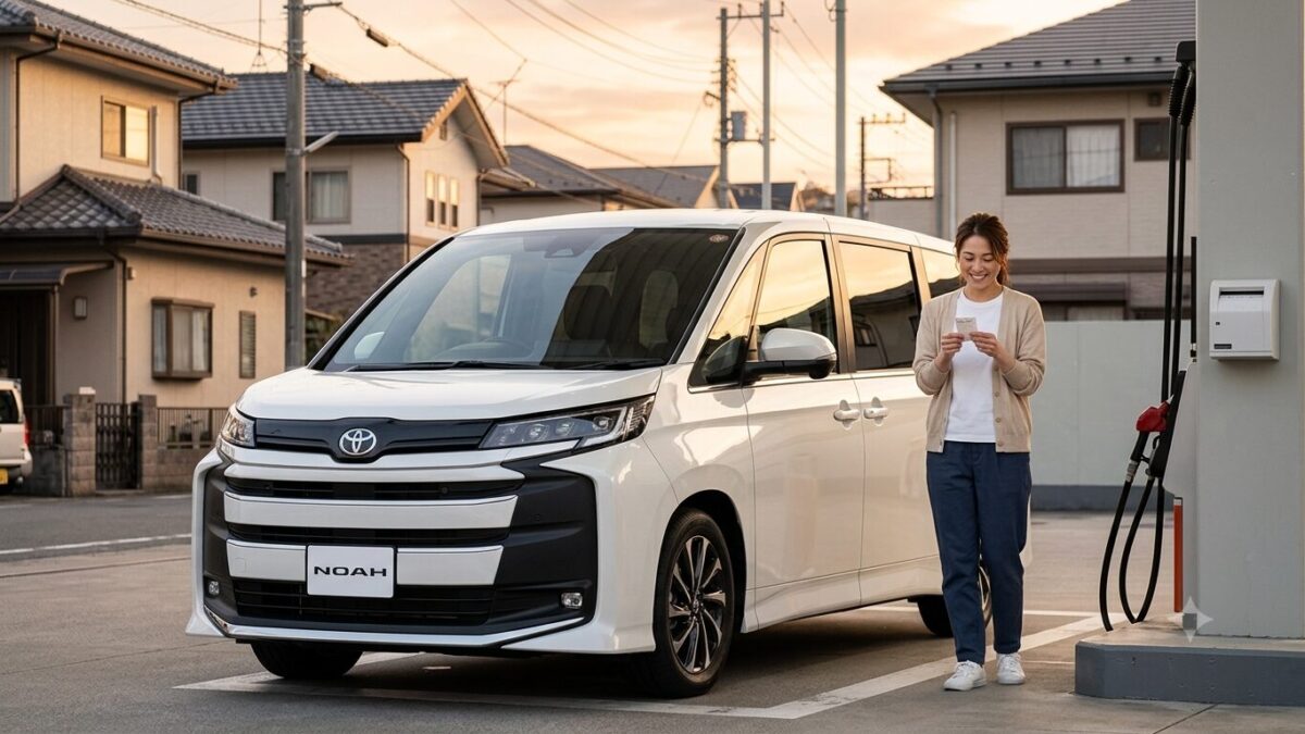 ガソリンスタンドで給油したノアの横でレシートを見る女性