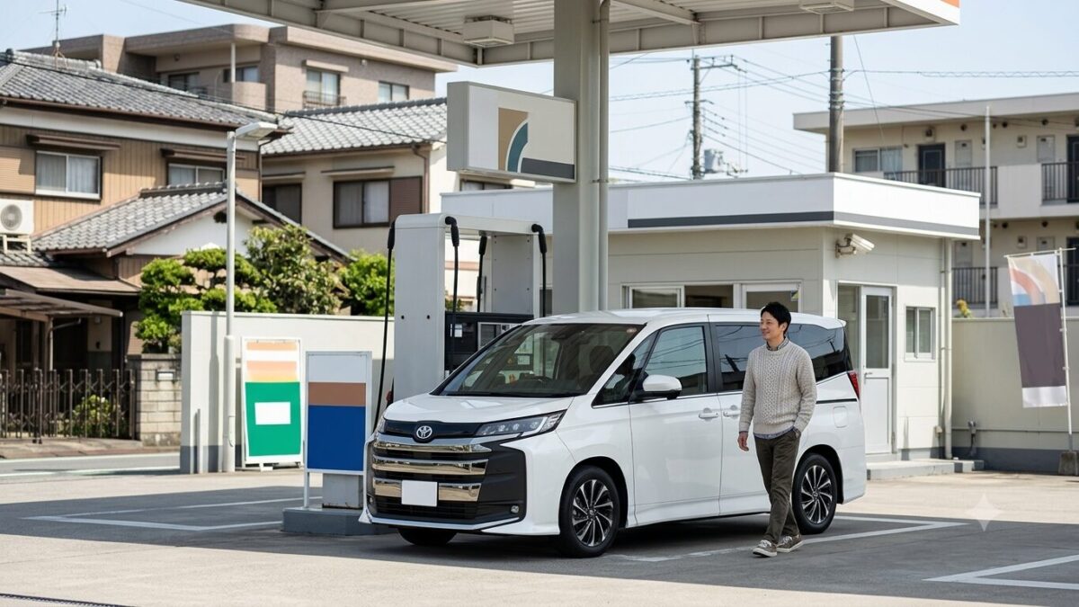 ガソリンスタンドに停車したノアと男性