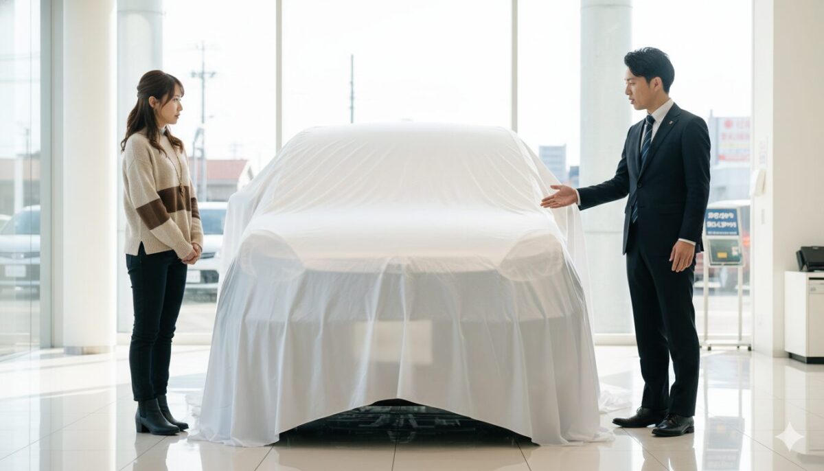 カバーが掛かった自動車の前で販売員の説明を受ける女性