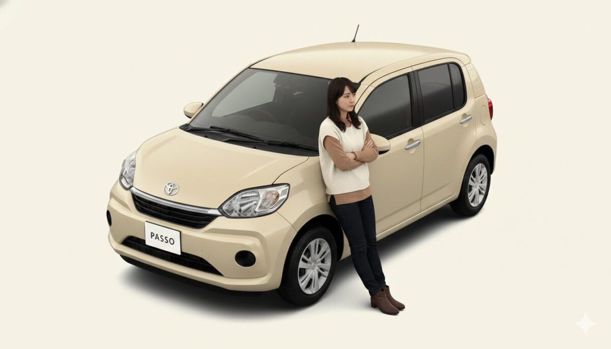 パッソに寄りかかって考え事をする女性