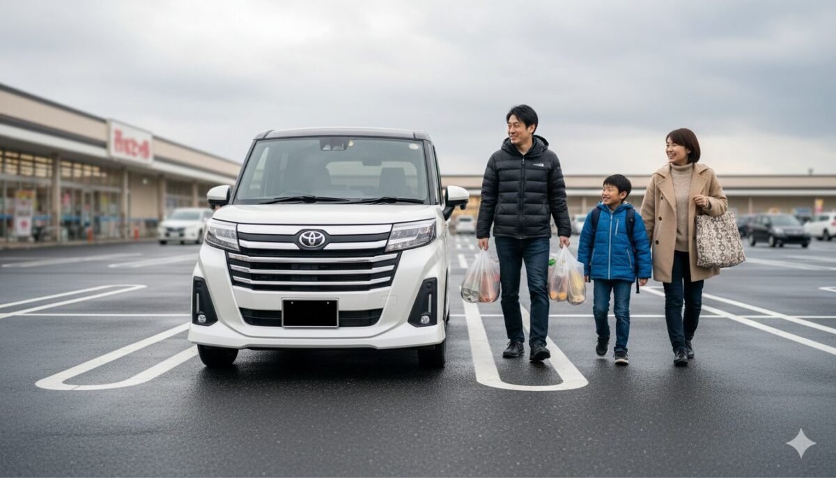 ルーミーでスーパーマーケットに出向いた親子連れ