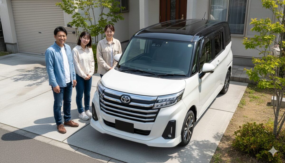 庭に停めたルーミーと親子3人