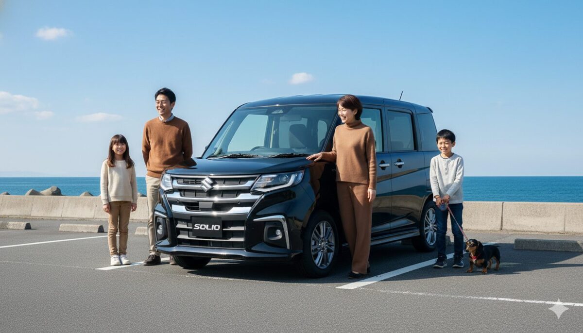海のそばの駐車場に停めた黒のソリオのそばにいる家族連れ