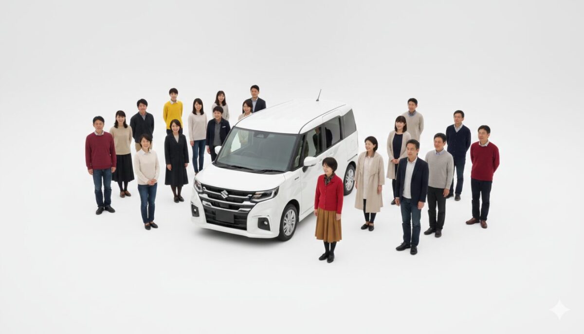 ソリオの周囲に立つ30～50代の男女