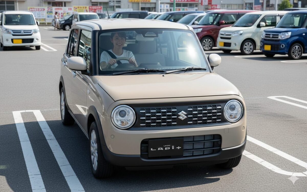 駐車場にラパンを停車する女性ドライバー