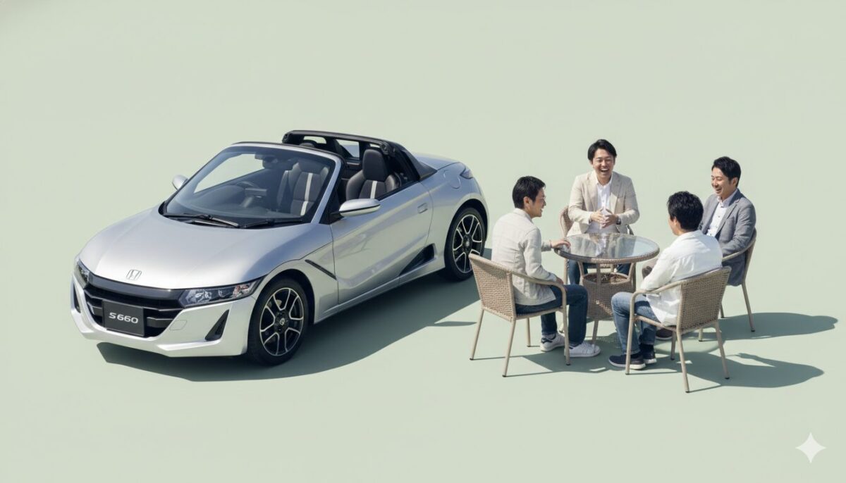 S660の脇で椅子に座って談笑する男性グループ