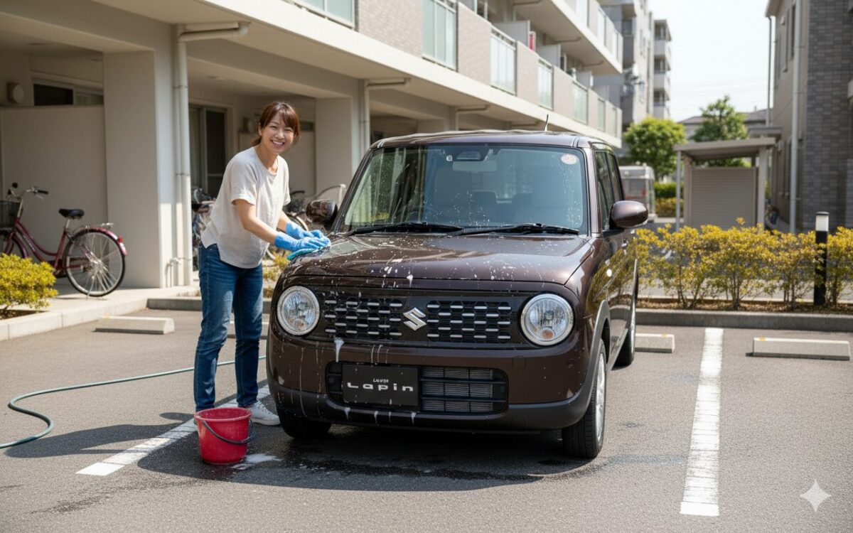 ラパンを洗車する女性