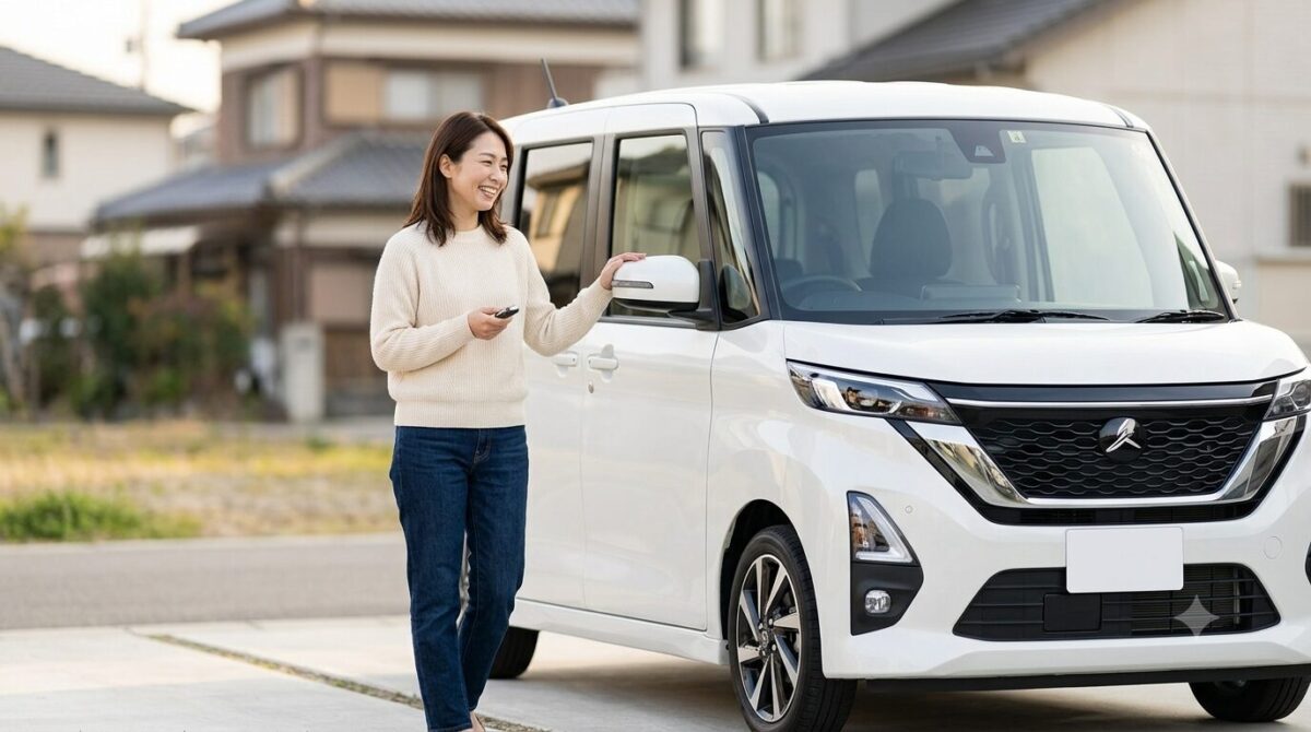 軽自動車の脇に楽しそうに立つ女性
