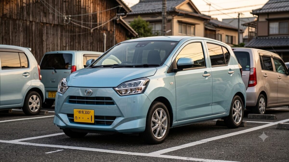 夕暮れの駐車場に停車したミライース