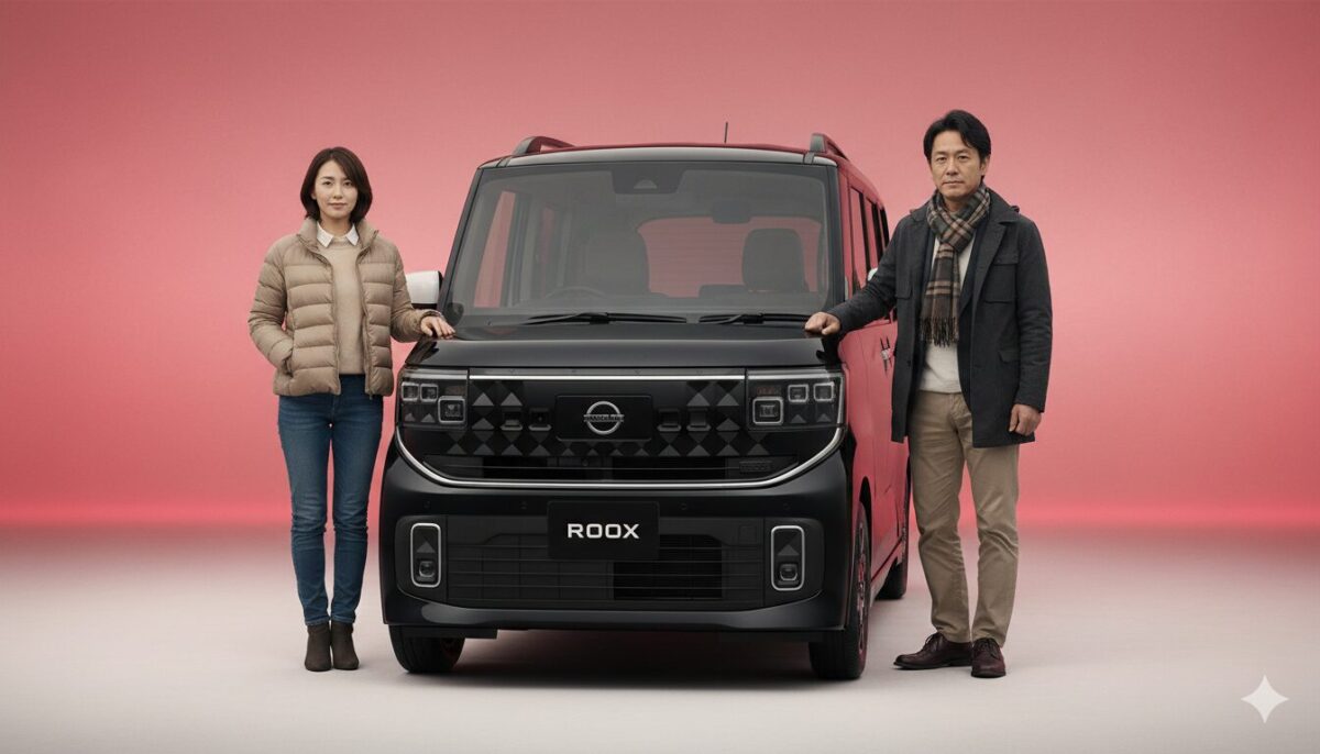 黒のルークスの両脇に立つ40代の男女