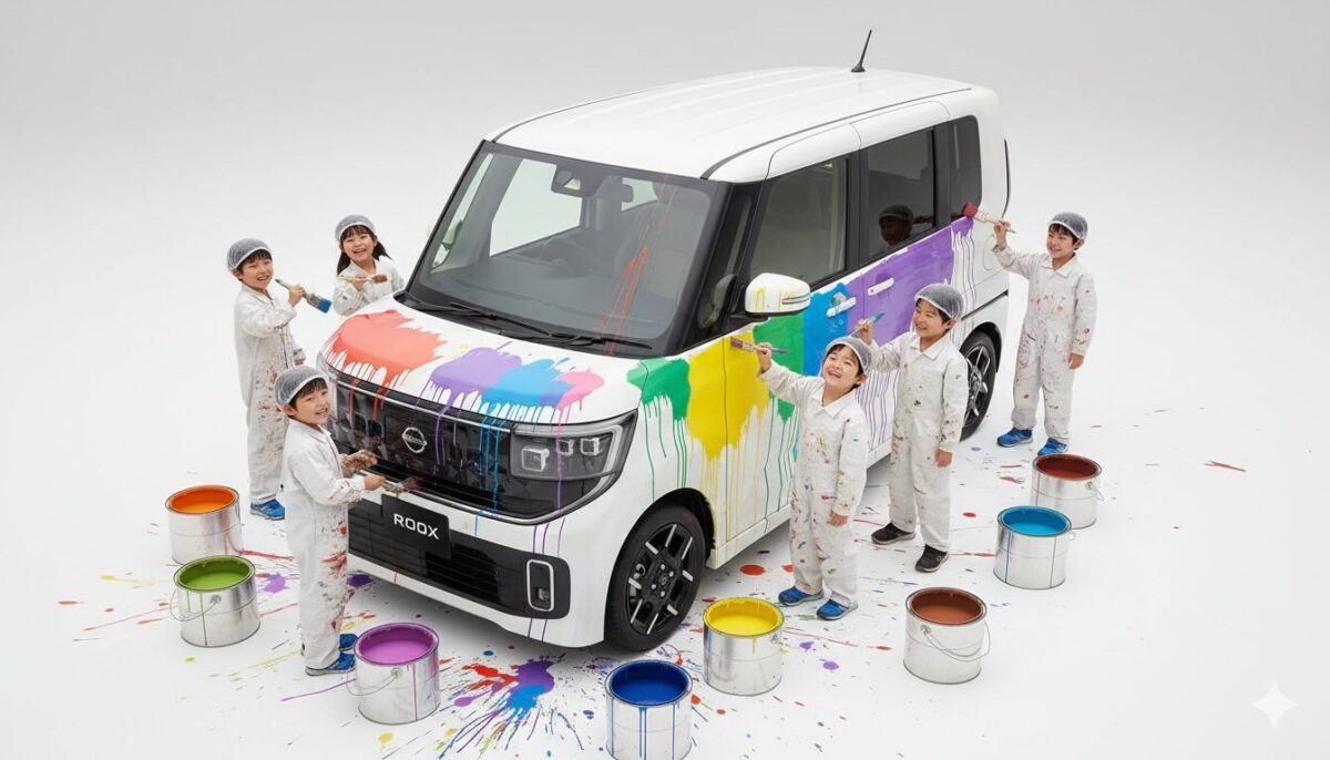 白いルークスに思い思いにペイントする子供たち