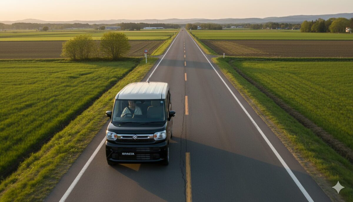 郊外の一本道を走行する黒のスペーシア