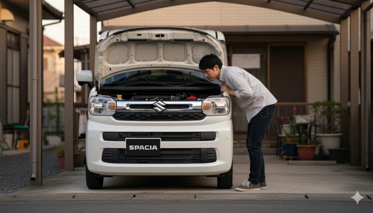 自宅の駐車場でスペーシアのボンネットを開けて点検する男性