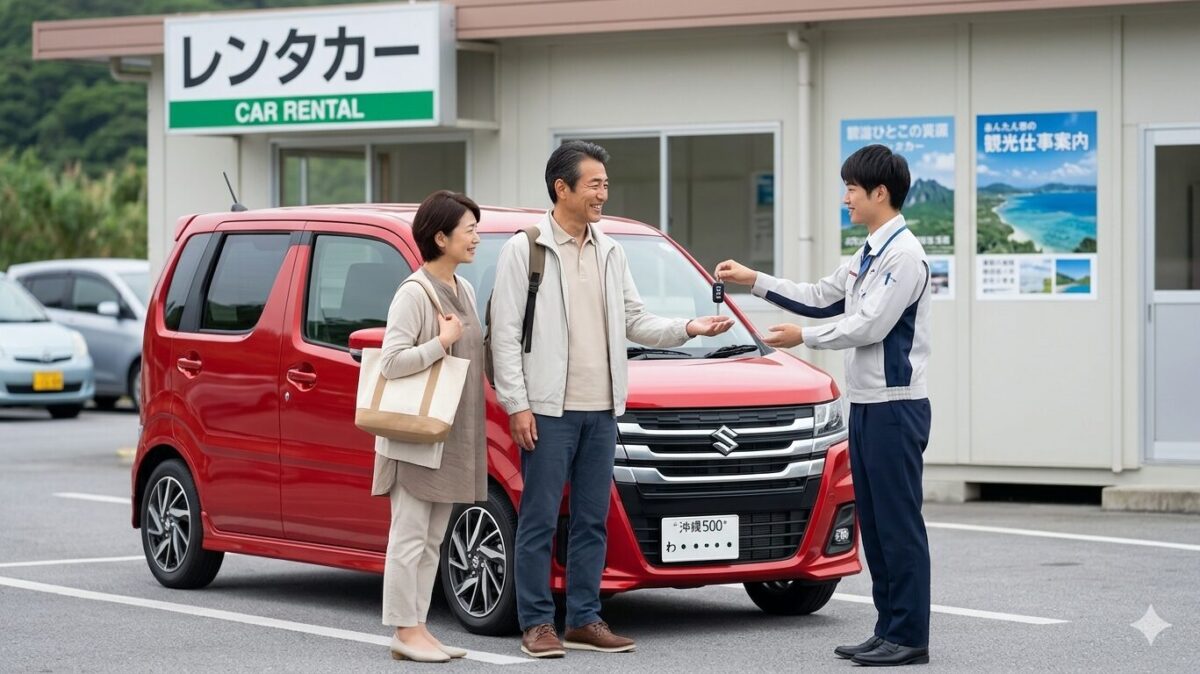 レンタカー会社の店員からキーを受け取る中年夫婦