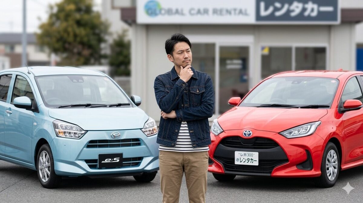 軽自動車とコンパクトカーのレンタカーで迷う男性