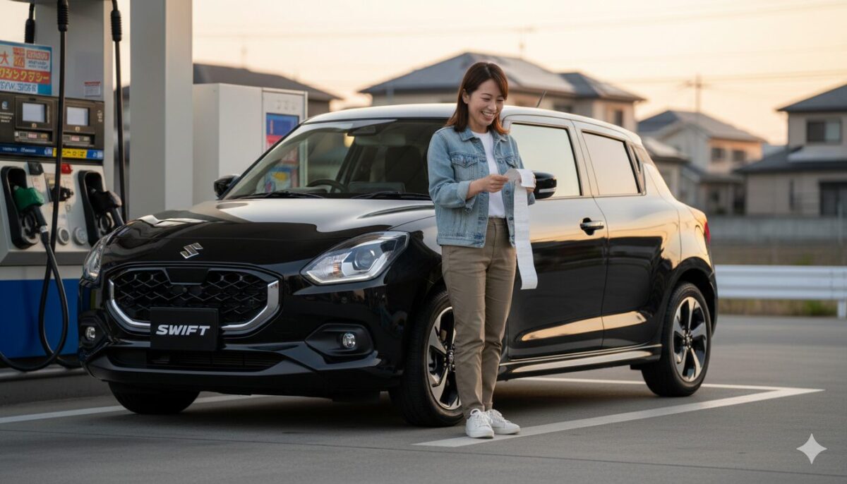 ガソリンスタンドに停めた黒のスイフトの横でレシートを確認する女性