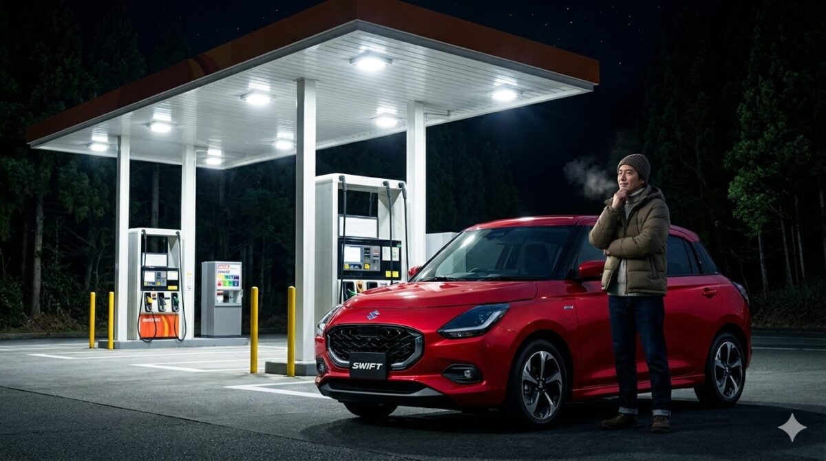 深夜のガソリンスタンドに赤のスイフトを停めて考え事をする男性