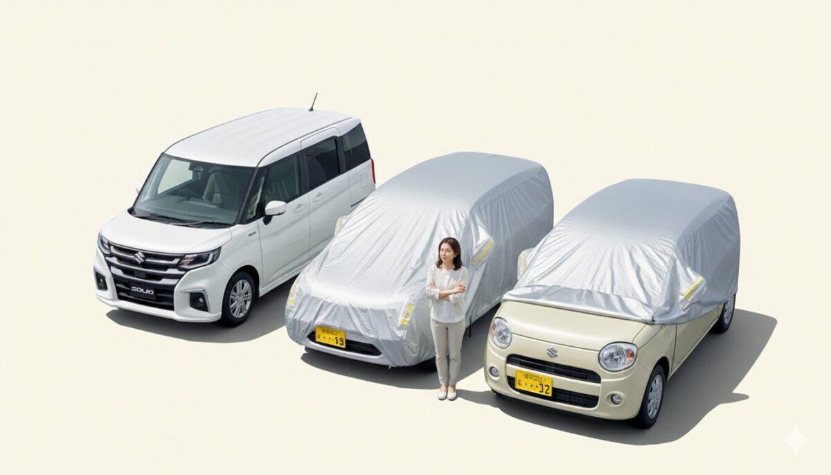 ソリオと二台の軽自動車の前に立って考え事をしている女性