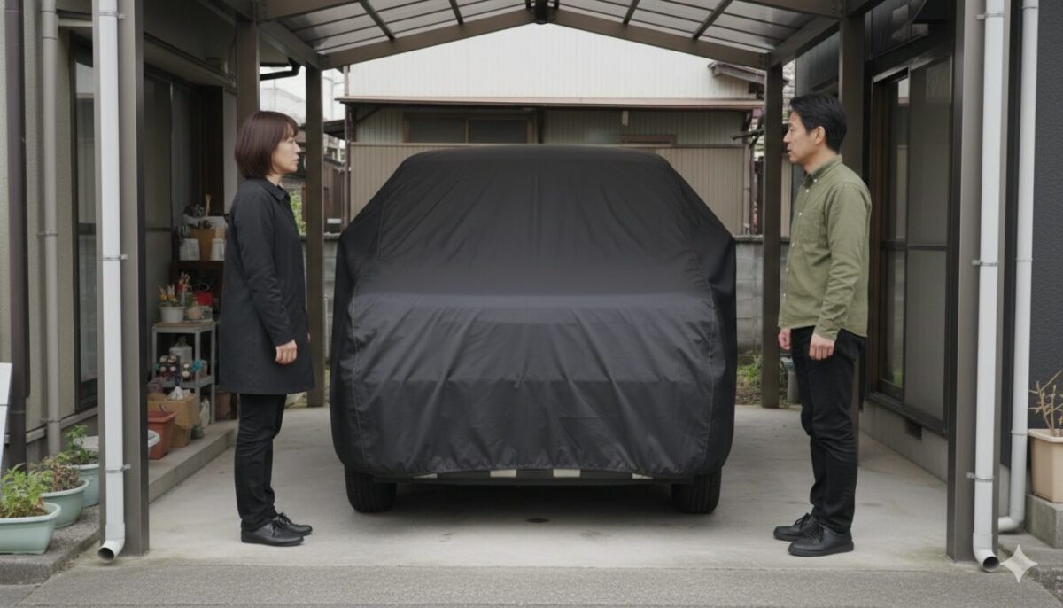 家の車庫に停めた軽自動車のまえで話し合う男女