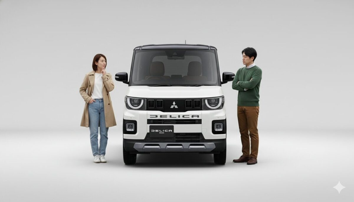 デリカミニをどの色にするか悩む男女