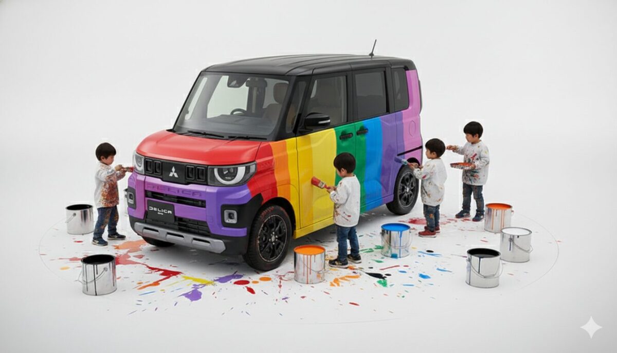 デリカミニに色を塗る子供たち