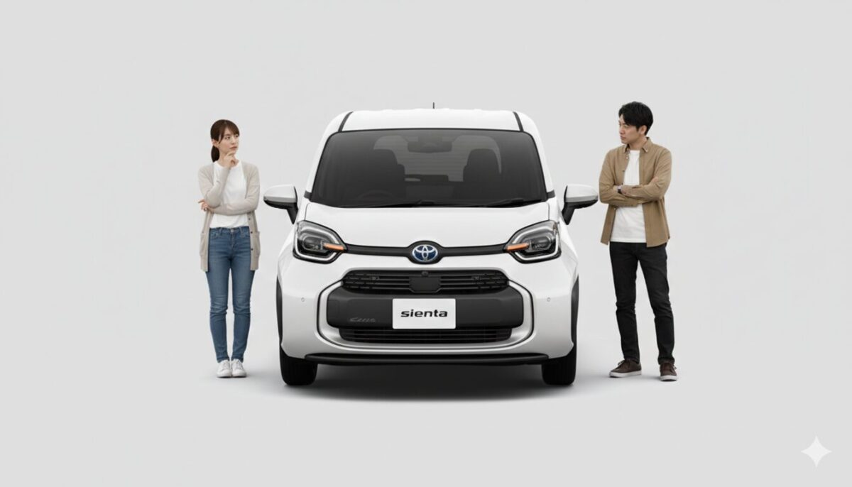 白のシエンタの横に立って色を悩んでいる男女