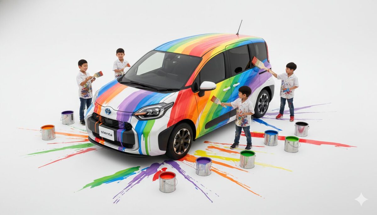 シエンタにペンキで色を塗る子供たち