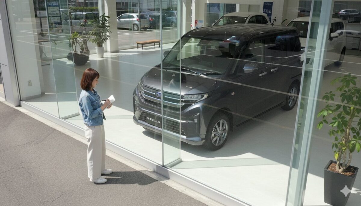 ディーラーに展示されているステラを見る女性