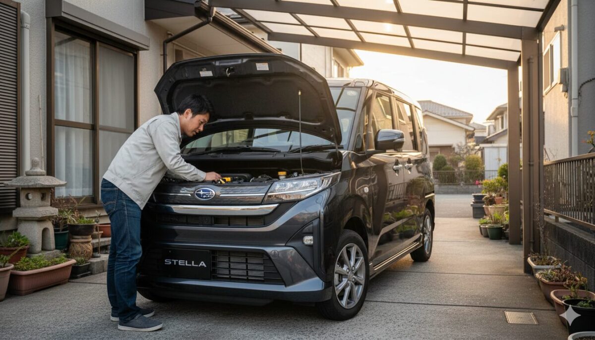 スバルステラのメンテナンスをする男性