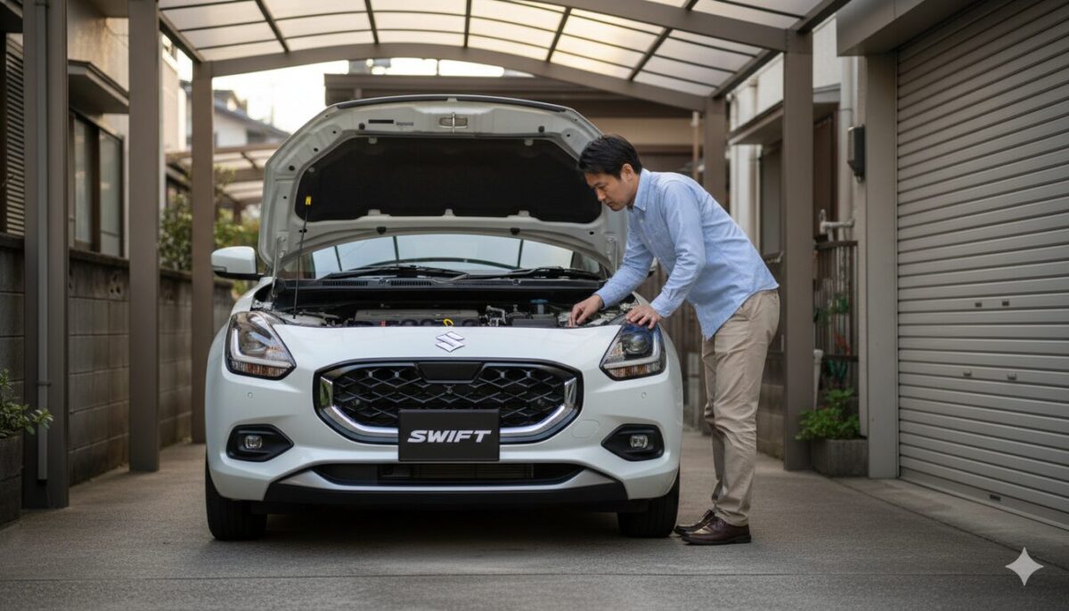 車庫でスイフトのメンテナンスをする男性