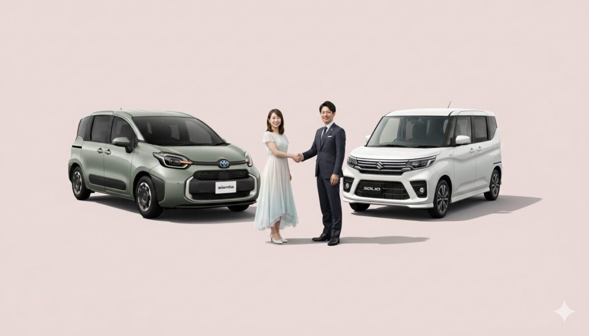 シエンタとソリオのの前で握手を交わす男女