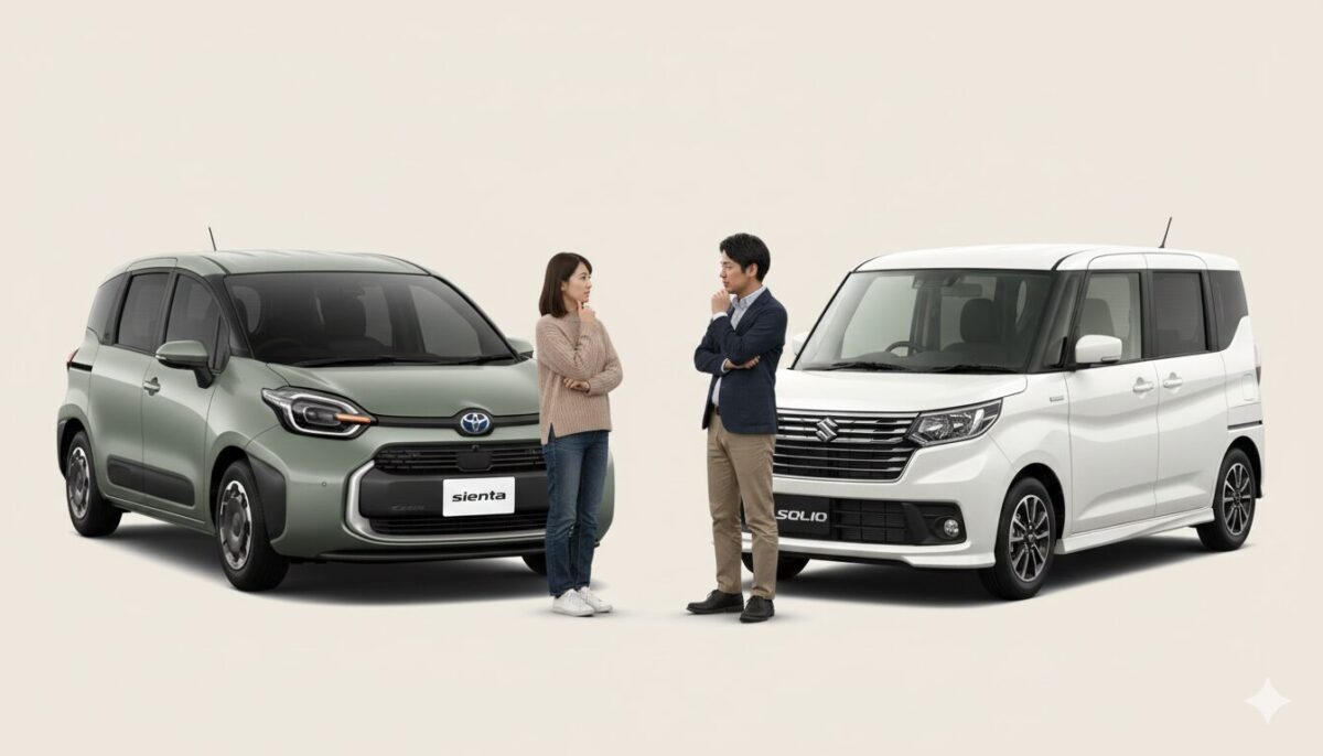 シエンタとソリオの前に立ち相談事をする男女