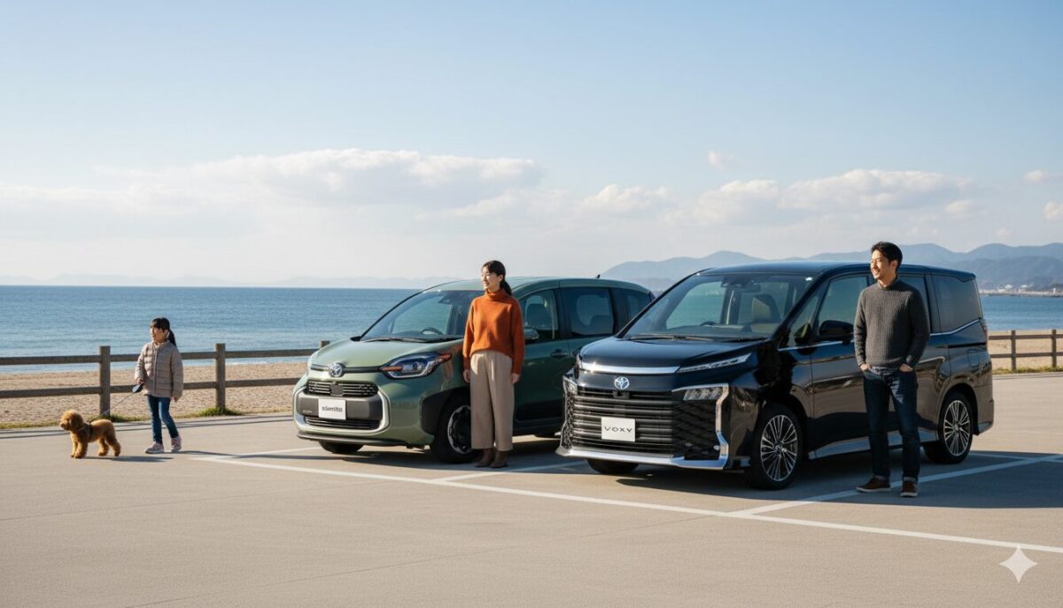 海岸沿いの駐車場に止めたヴォクシーとシエンタと傍に立つ家族連れ