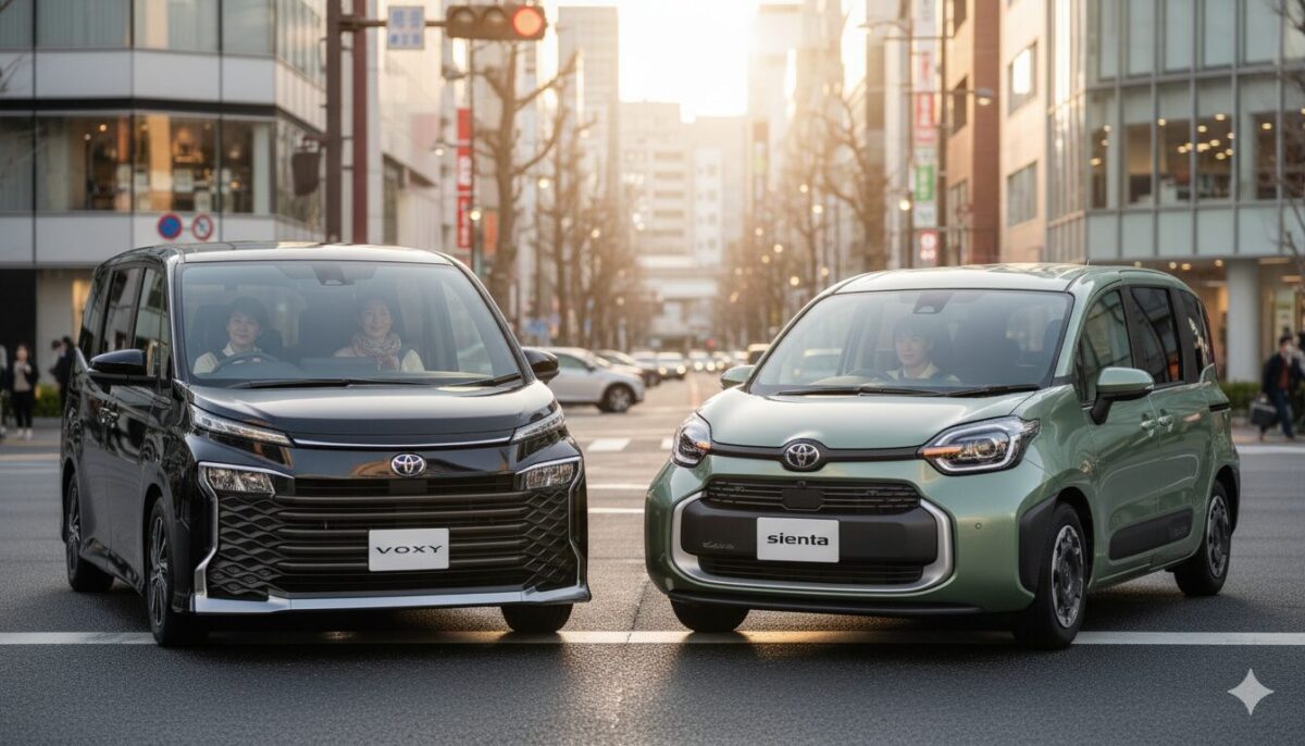 交差点で向き合うヴォクシーとシエンタ