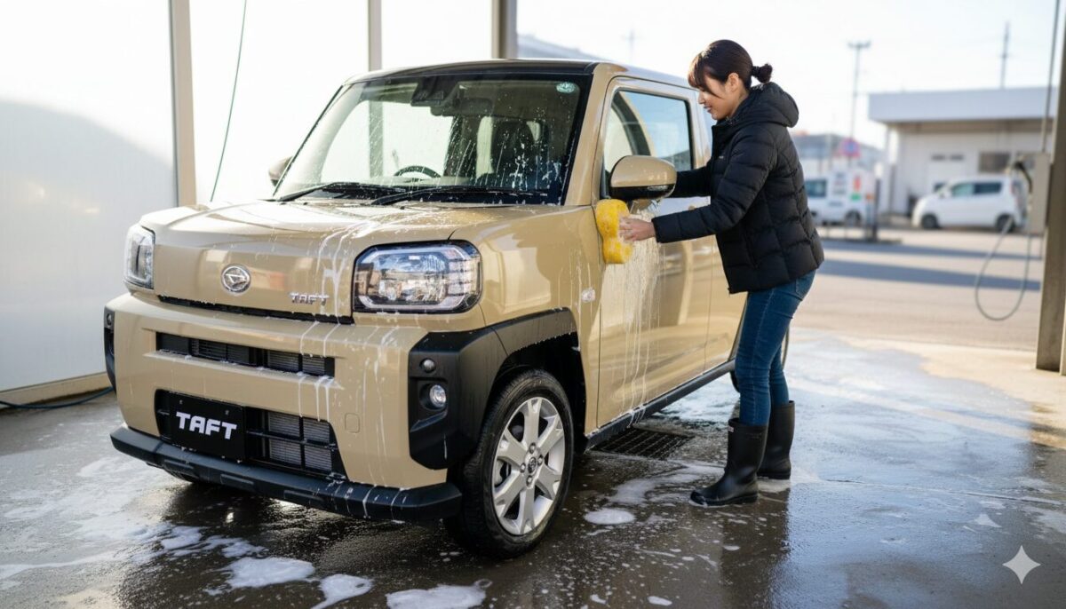 サンドベージュのタフトを洗車する女性