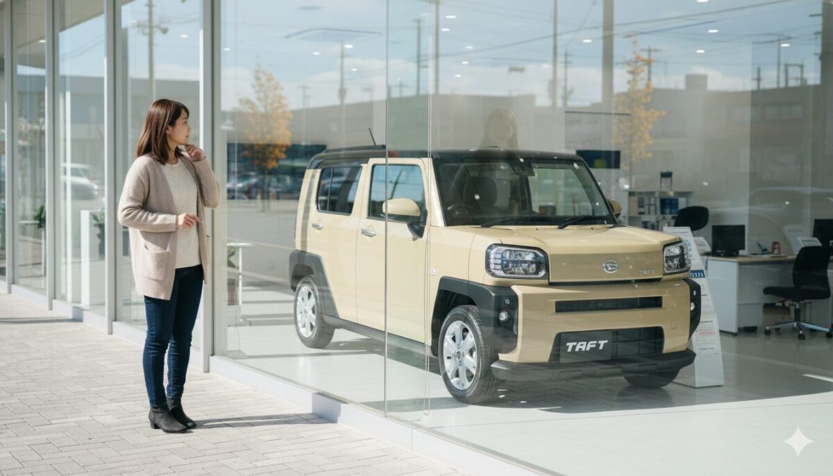 ショールームのサンドベージュのタフトを吟味する女性