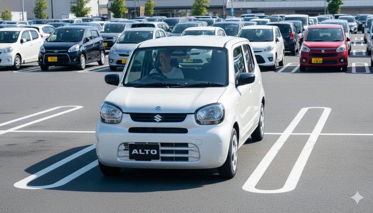 駐車場にアルトを停めている途中の女性