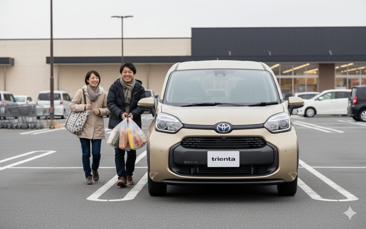 スーパーの駐車場に停車したシエンタと40代の夫婦