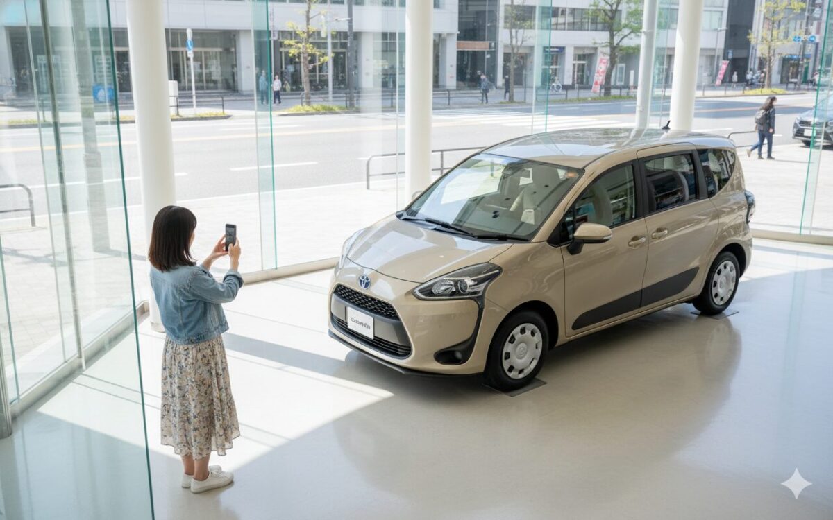 ショールームでベージュのシエンタの写真を撮る女性