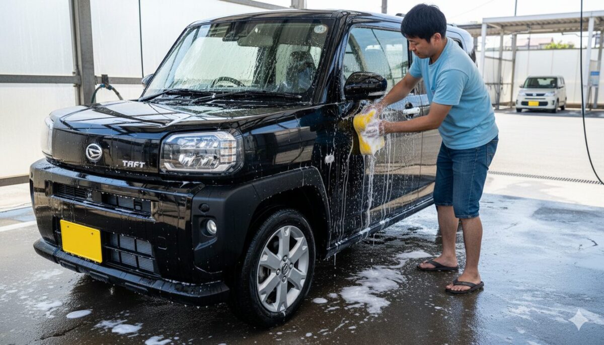 洗車場で黒のタフトを洗う男性